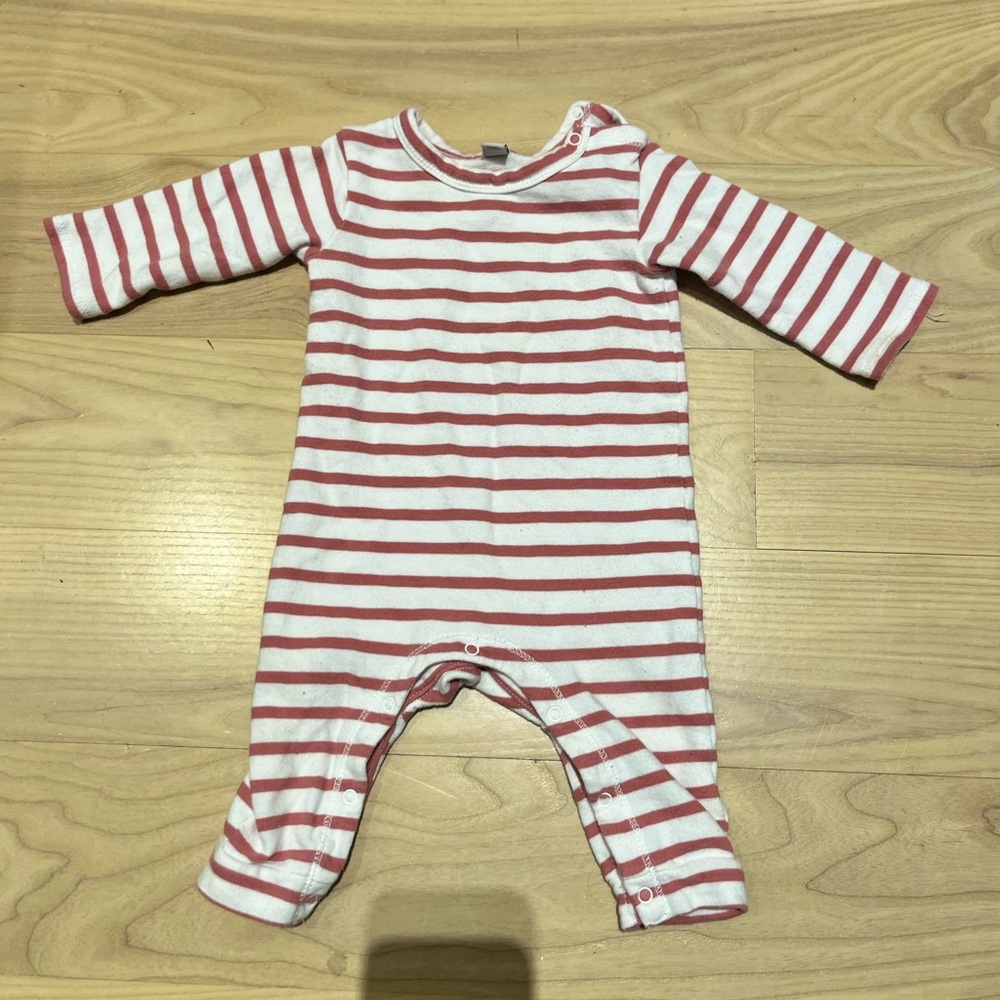 Baby Girl White / Blush Pink Striped Coverall Long Sleeve Romper